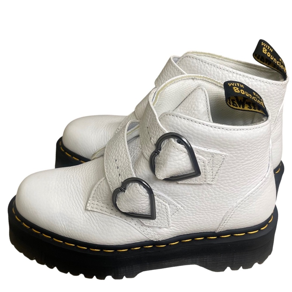 Dr Martens 8 Devon Heart White Milled Nappa Leather Heart Buckle Platform Boots